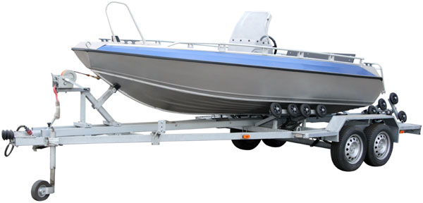 Small motor boat on trailer